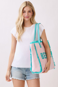 BEACH Letter Frayed Edge Trim Summer Tote Bag
