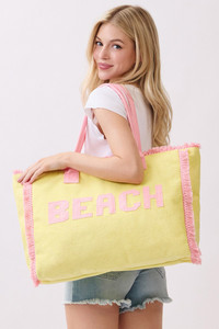 BEACH Letter Frayed Edge Trim Summer Tote Bag
