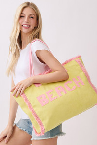 BEACH Letter Frayed Edge Trim Summer Tote Bag
