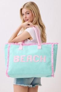 BEACH Letter Frayed Edge Trim Summer Tote Bag
