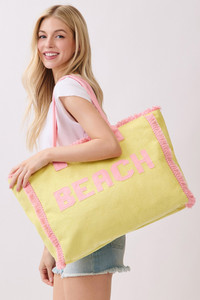 BEACH Letter Frayed Edge Trim Summer Tote Bag
