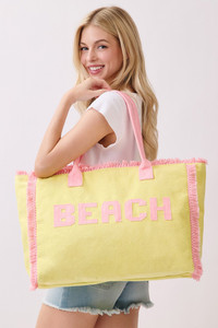 BEACH Letter Frayed Edge Trim Summer Tote Bag
