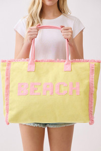 BEACH Letter Frayed Edge Trim Summer Tote Bag
