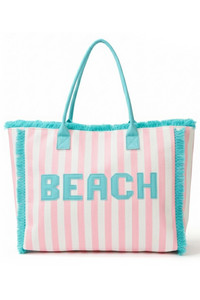 BEACH Letter with Striped Pattern and Frayed Edge Trim Summer Tote Bag
