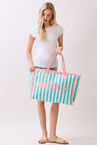 BEACH Letter with Striped Pattern and Frayed Edge Trim Summer Tote Bag
