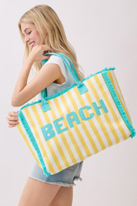 BEACH Letter with Striped Pattern and Frayed Edge Trim Summer Tote Bag
