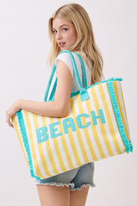 BEACH Letter with Striped Pattern and Frayed Edge Trim Summer Tote Bag
