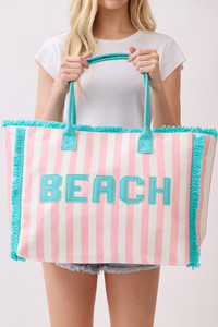 BEACH Letter with Striped Pattern and Frayed Edge Trim Summer Tote Bag
