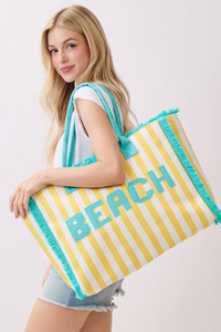 BEACH Letter with Striped Pattern and Frayed Edge Trim Summer Tote Bag
