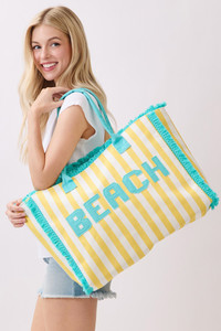 BEACH Letter with Striped Pattern and Frayed Edge Trim Summer Tote Bag

