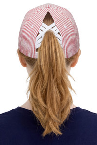 CC BEANIE Stripe Pattern Criss-Cross Back Ponytail Trucker Hat Baseball Cap