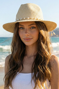 Woven Pearl Band with Flower Beads Straw Fedora Sun Hat