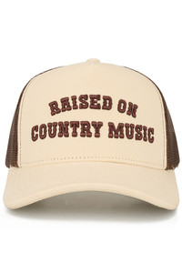 CC BEANIE RAISED ON COUNTRY MUSIC Letter Embroidered on Two Tone Baseball Mesh Back Cap Trucker Hat