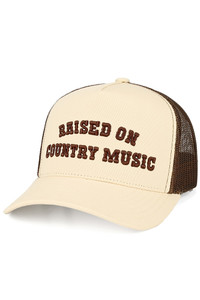 CC BEANIE RAISED ON COUNTRY MUSIC Letter Embroidered on Two Tone Baseball Mesh Back Cap Trucker Hat
