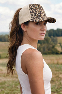 CC BEANIE Leopard Pattern Two Tone Criss-Cross Back Ponytail Baseball Cap Trucker Hat