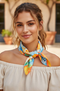 Orange with Flower with Multi Pattern Print Light Weight Silky All Season Bandana Scarf
