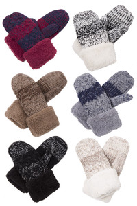 Fleece Cuff Two Tone Colors Knit Mittens Winter Gloves