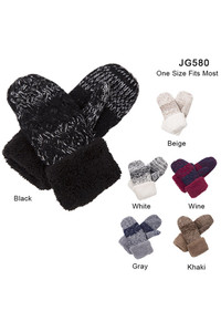 Fleece Cuff Two Tone Colors Knit Mittens Winter Gloves
