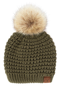 C.C WAFFLE STITCH PATTERN POM BEANIE-HAT-2071