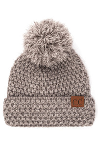 C.C BEE STITCH PATTERN CUFF POM BEANIE-HAT-3841