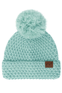C.C BEE STITCH PATTERN CUFF POM BEANIE-HAT-3841