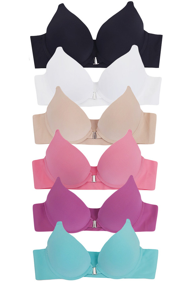 6pc Front Hook Solid Push Up Bra
