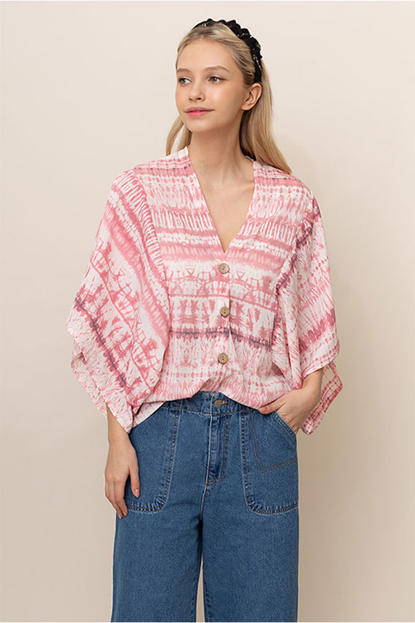 TIE DYE BUTTON DOWN KIMONO-BLN110045-PINK TIE DYE BUTTON DOWN KIMONO-BLN110045-PINK