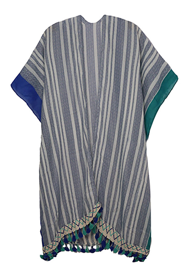 MULTICOLOR STRIPED WITH TASSELS KIMONO-SBK-2874-BLUE