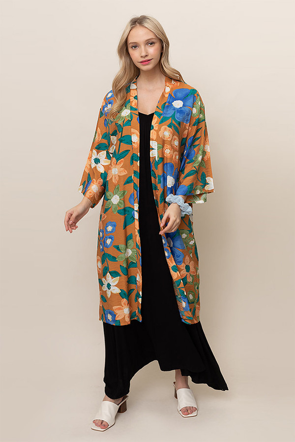 FLORAL LONG KIMONO-WLK110012-MUSTARD