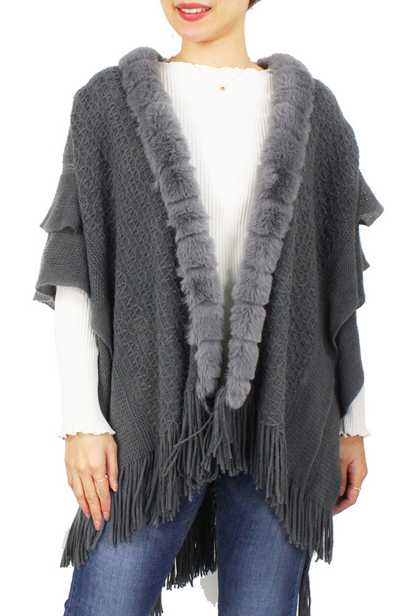 FUR AND RUFFLE KNIT CAPE-ECP10014-GREY
