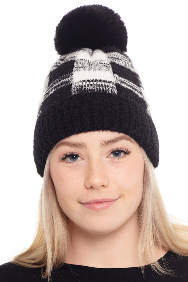 BUFFALO PLAID POM BEANIE-MH0031-BLACK