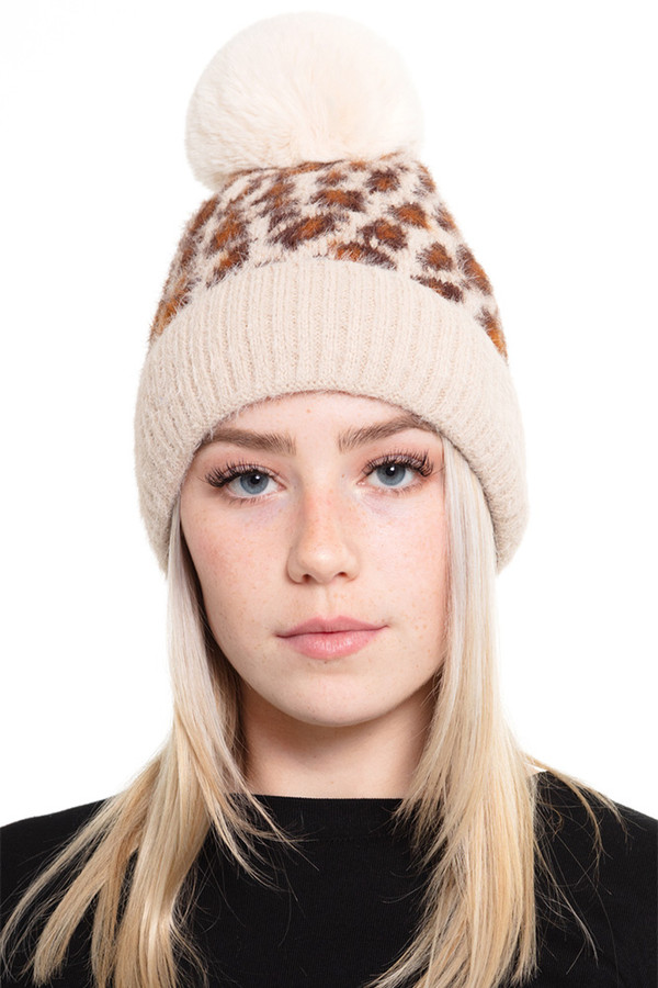 LEOPARD POM FLEECE BEANIE-MH0030-TAUPE