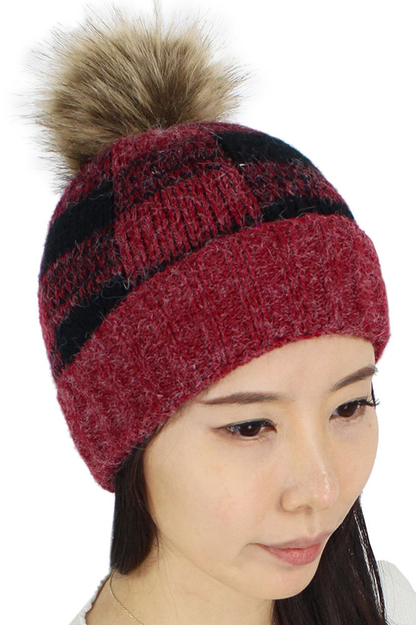 BUFFALO CHECK PATTERN KNIT HAT-EAHT8712-RED