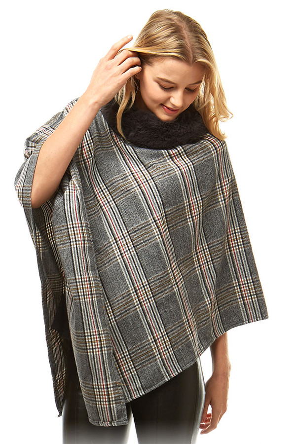 FAUX FUR COLLAR PLAID PONCHO-LOF1010-GRAY