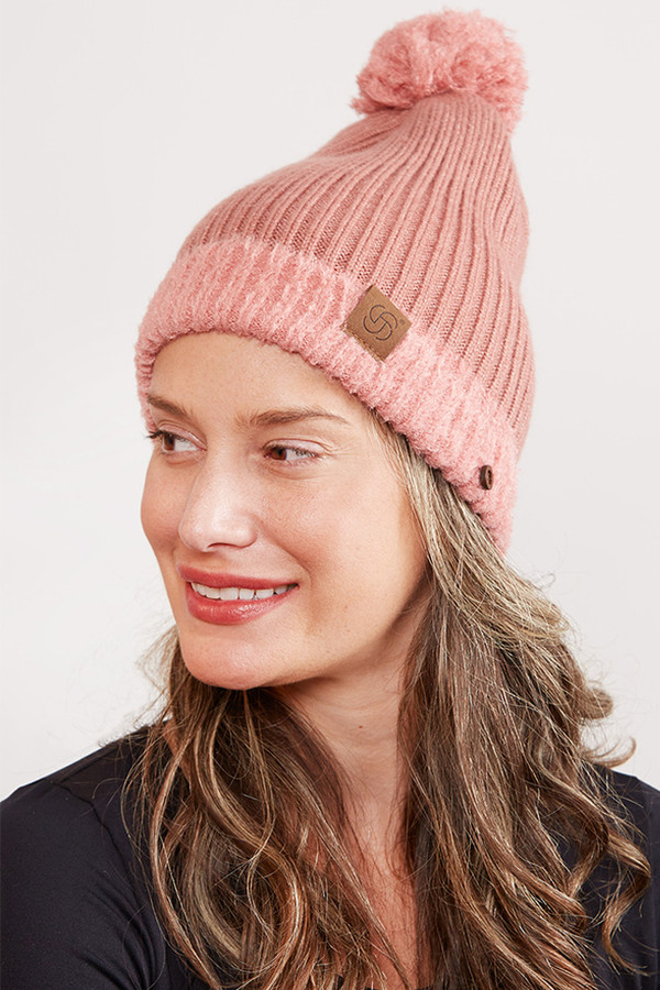 RIBBED BRIM BUTTON POM BEANIE-JH261-BLUSH