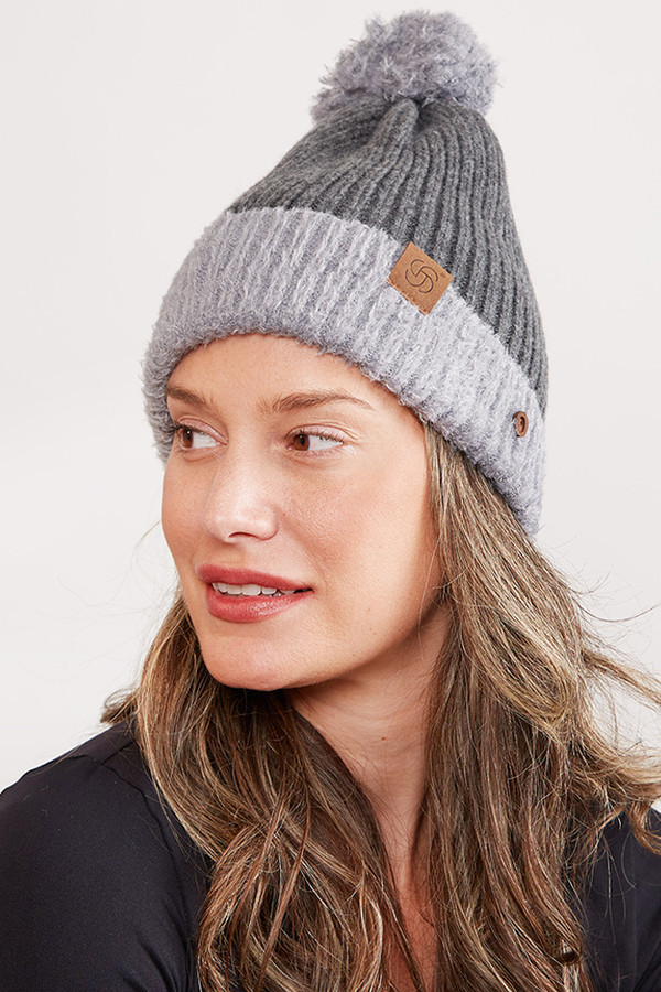 RIBBED BRIM BUTTON POM BEANIE-JH261-GRAY