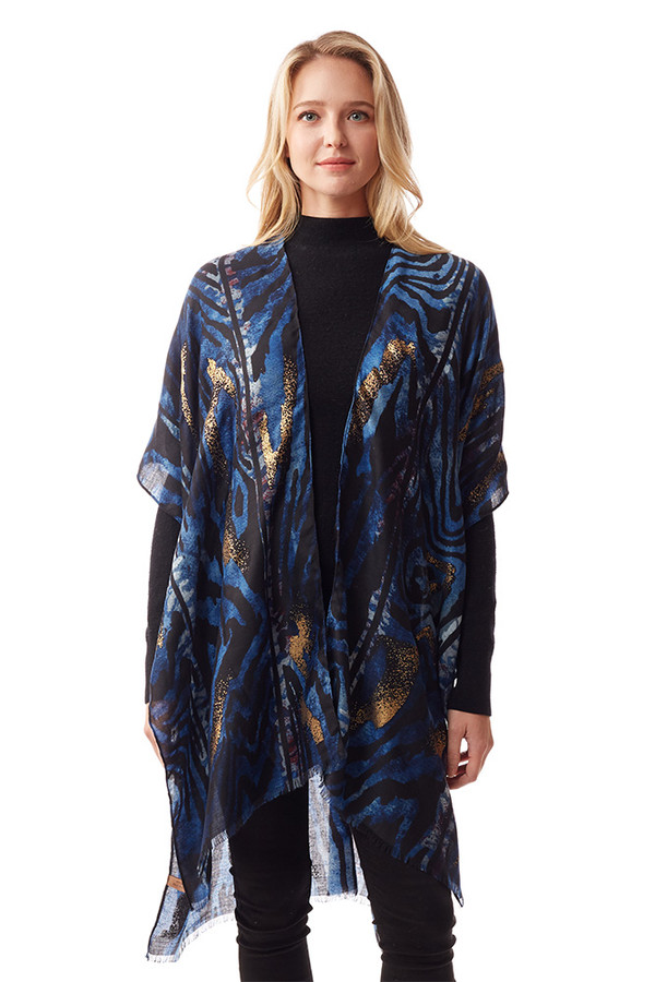 MIX ANIMAL PRINT WITH GOLD FOIL ACCENT RUANA-LOF1220-BLUE