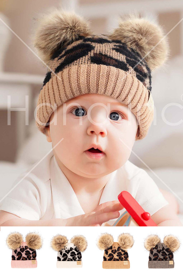 C.C LEOPARD DOUBLE POM BABY BEANIE-BABY 