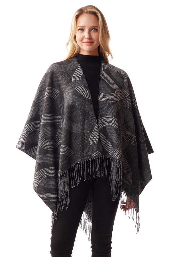 GEOMETRIC PATTERN FRINGE RUANA-LOF1248-BLACK GEOMETRIC PATTERN FRINGE RUANA-LOF1248-BLACK