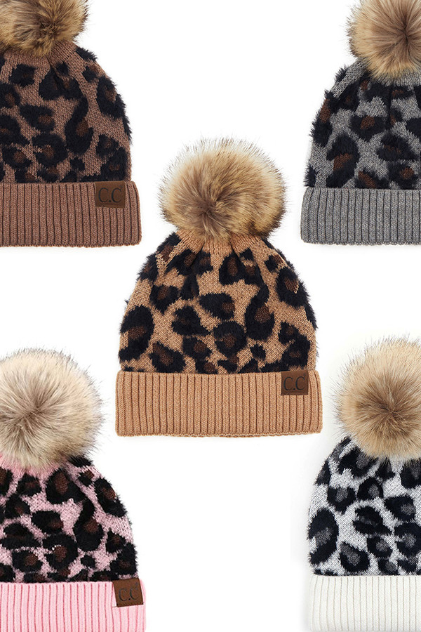C.C LEOPARD PATTERN BEANIE WITH POMHAT-2061