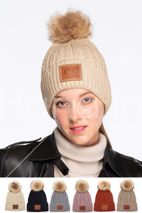 C.C DOUBLE BRAIDED BEANIE WITH POM-HAT-3478 C.C DOUBLE BRAIDED BEANIE WITH POM-HAT-3478