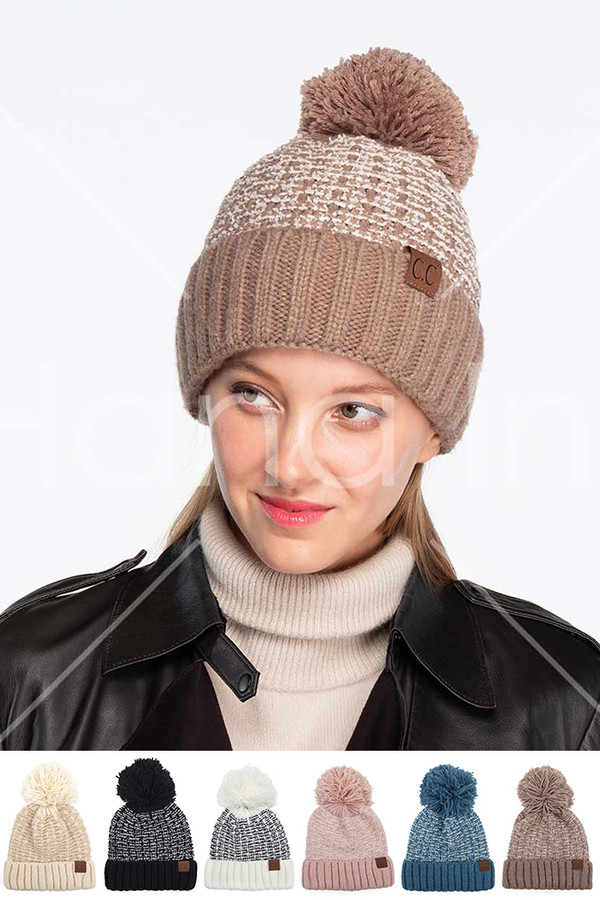 C.C TWEED STYLE KNIT BEANIE WITH POM-HAT-3603