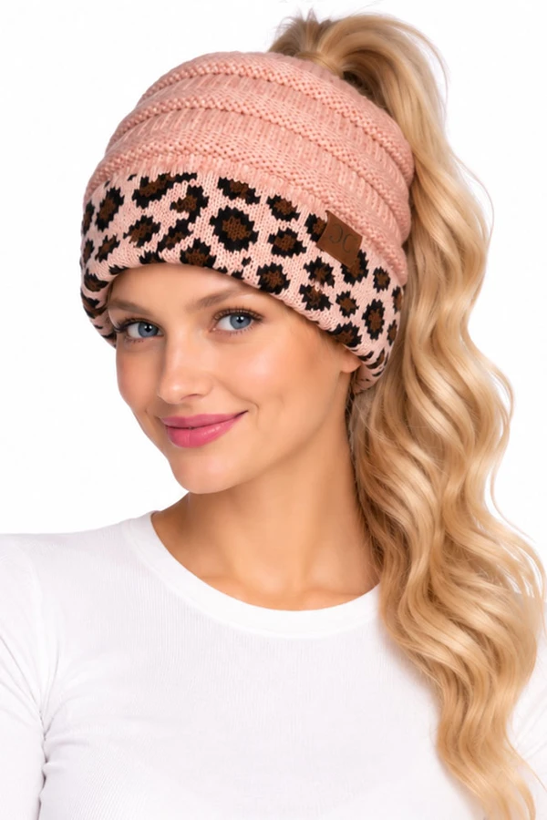 C.C LEOPARD CUFF RIBBED BEANIE-MB-80