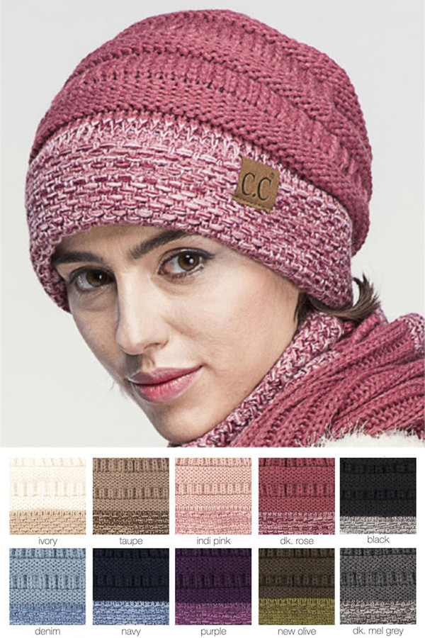 C.C TWO TONE CABLE KNIT BEANIE-HAT-48