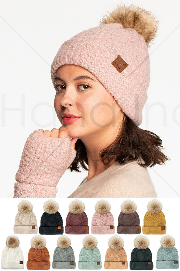 C.C SMOCKING STITCH PATTERN POM BEANIE-HAT-2080