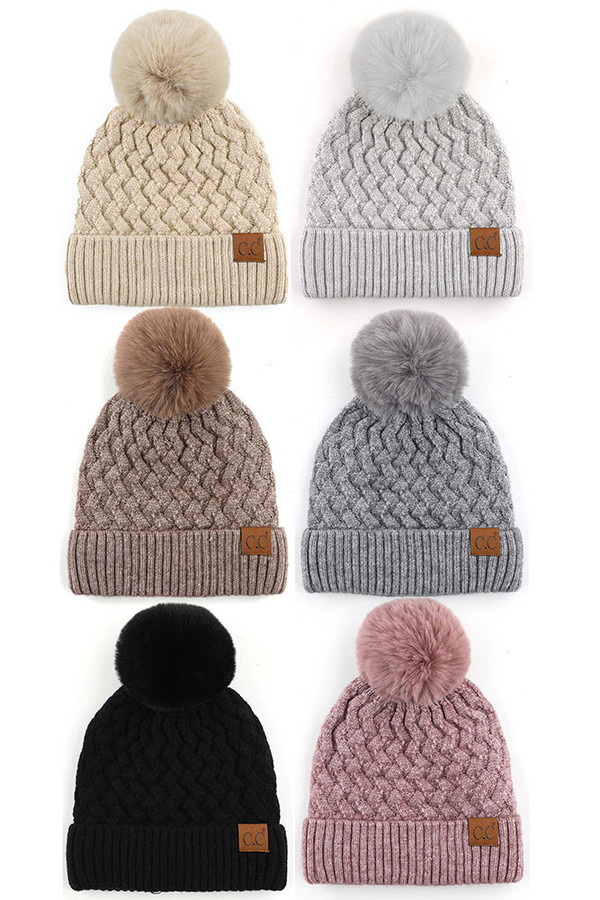 C.C WOVEN CABLE STITCH CUFF SOFT POM BEANIE-HAT-3861