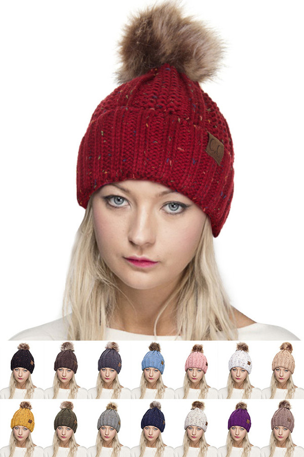 C.C FUZZY FLEECE LINING KNIT BEANIE WITH POM-YJ-820 CONFETTI