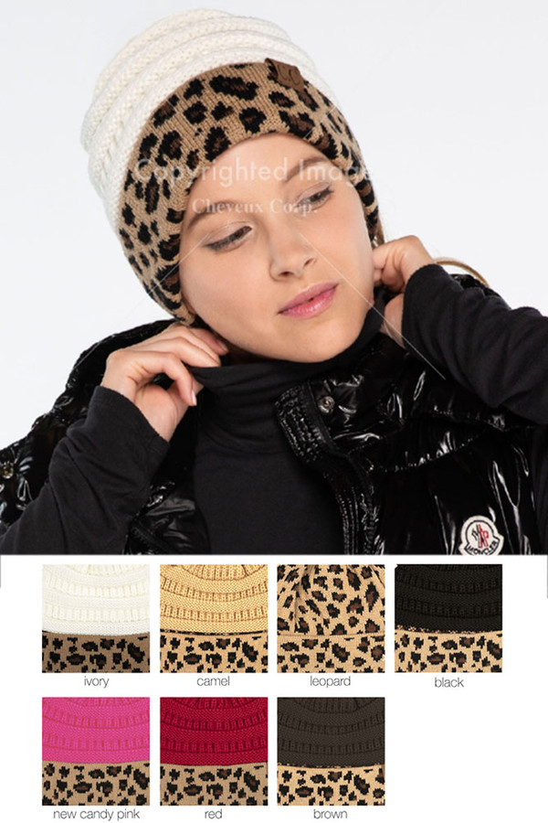 C.C LEOPARD CUFF KNIT BEANIE-HAT-45 C.C LEOPARD CUFF KNIT BEANIE-HAT-45