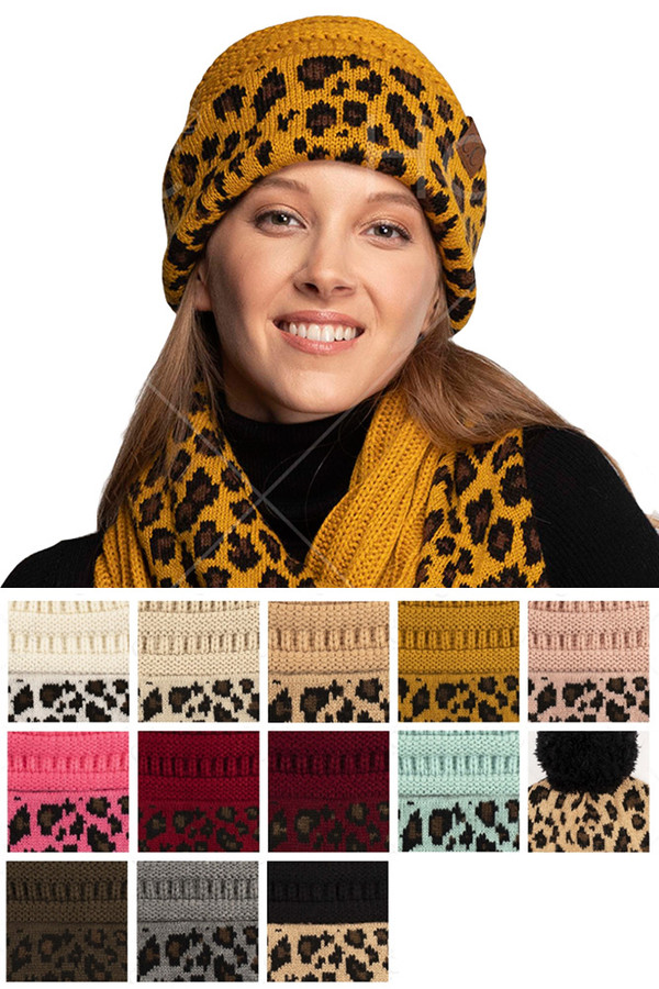 C.C SOLID COLOR BEANIE WITH LEOPARD CUFF-HAT-80 C.C SOLID COLOR BEANIE WITH LEOPARD CUFF-HAT-80
