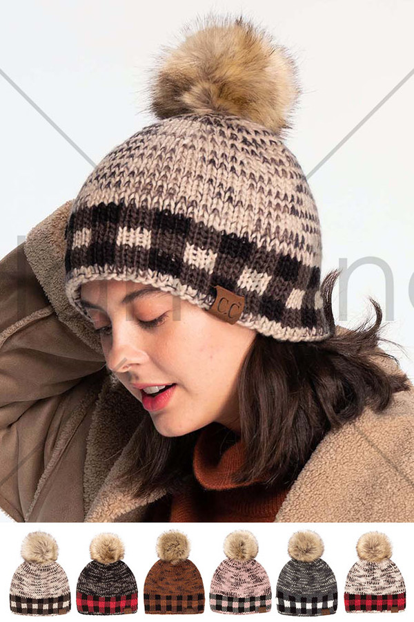 C.C Heather Chuck Beanie with Check Pattern Band-HAT-2083